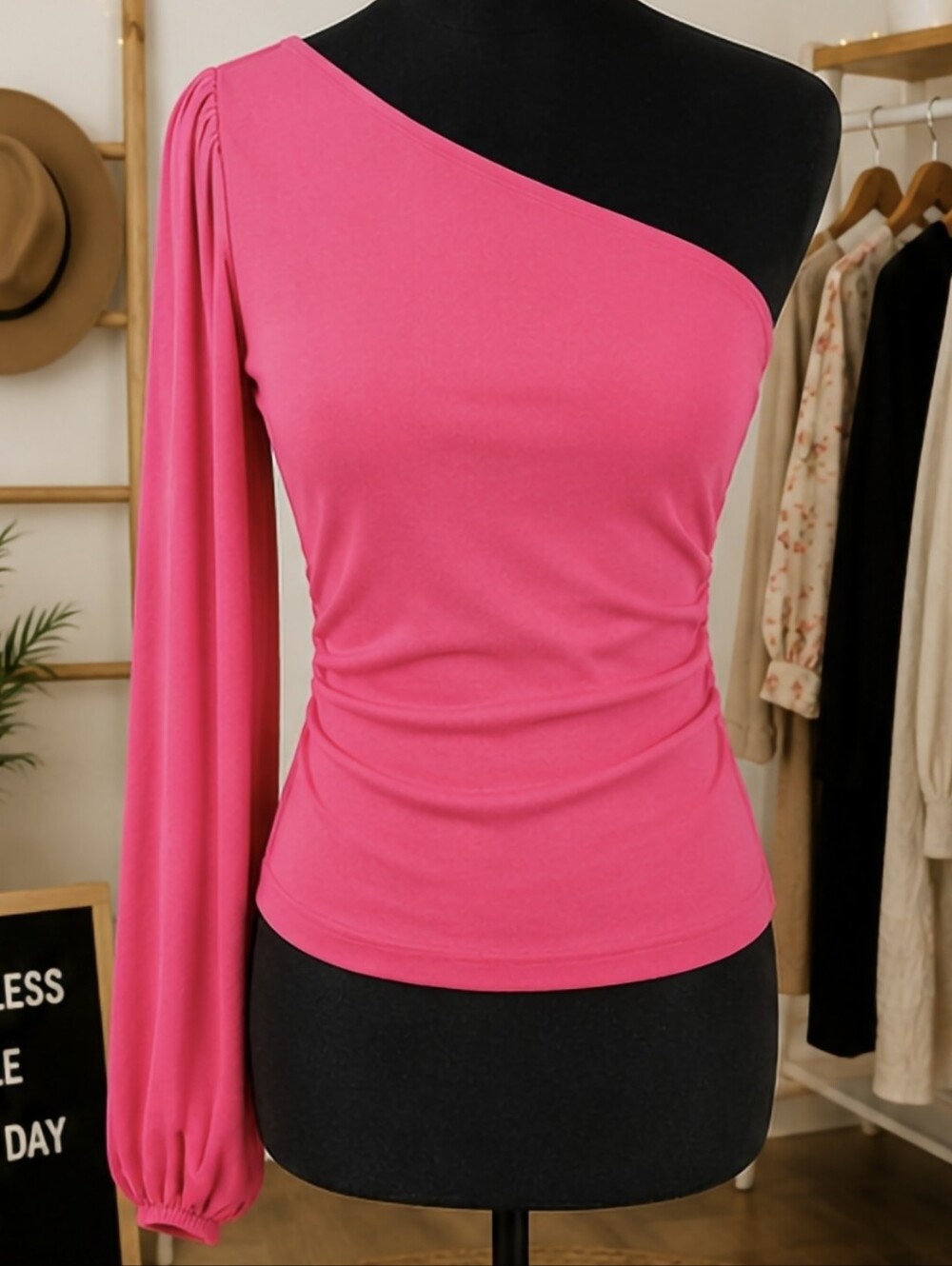 SHEIN Hot Pink One-Shoulder Long Sleeve Top